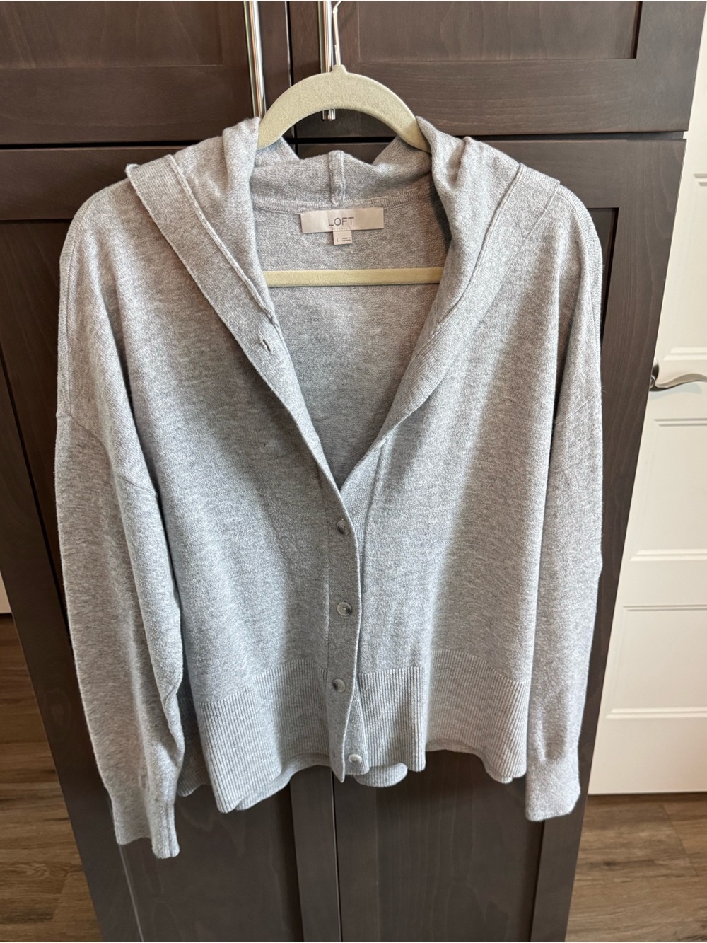 LOFT Light Gray Button-Up Hooded Cardigan